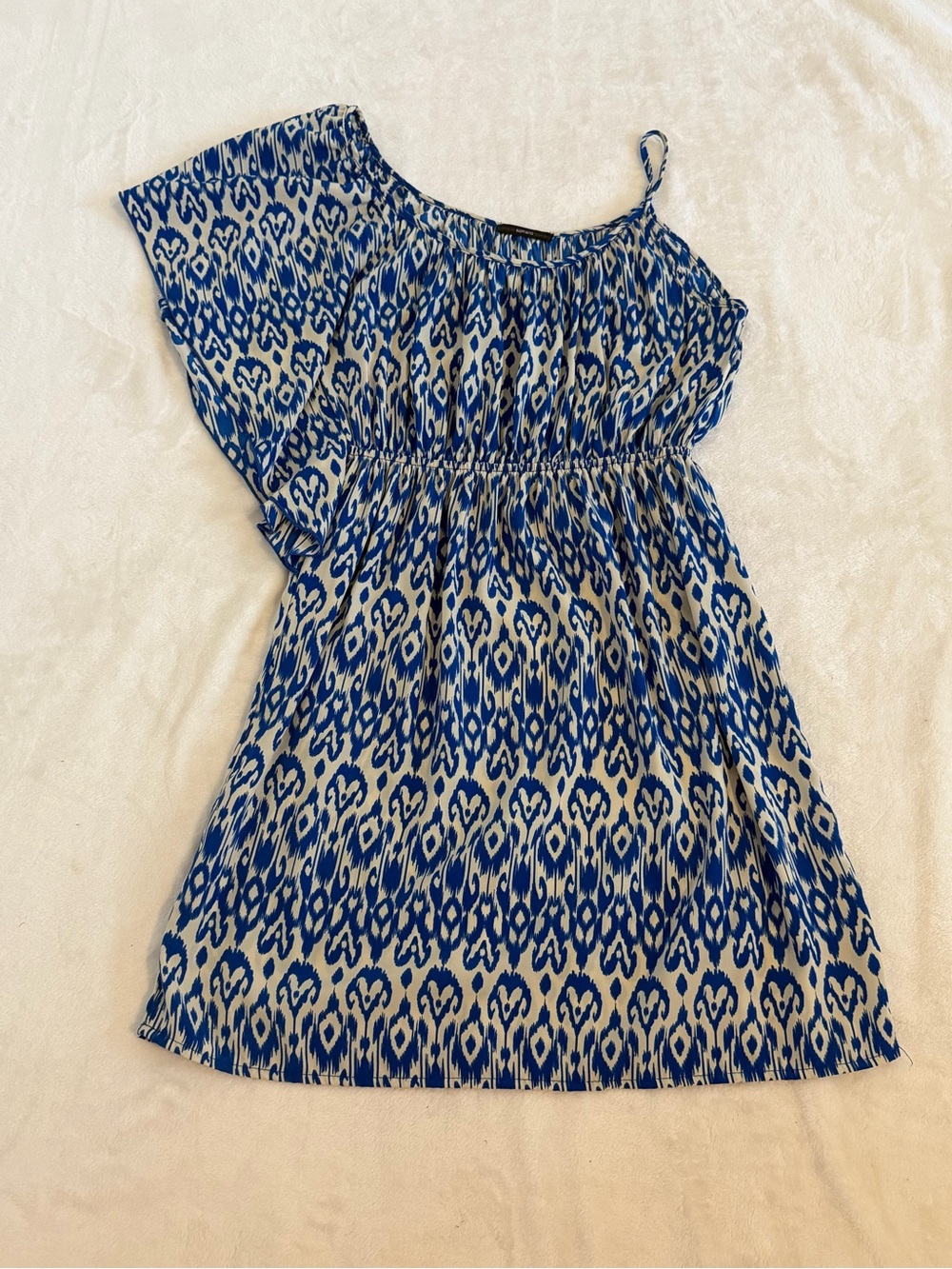 Soprano Blue and Cream Printed One-Shoulder Dress